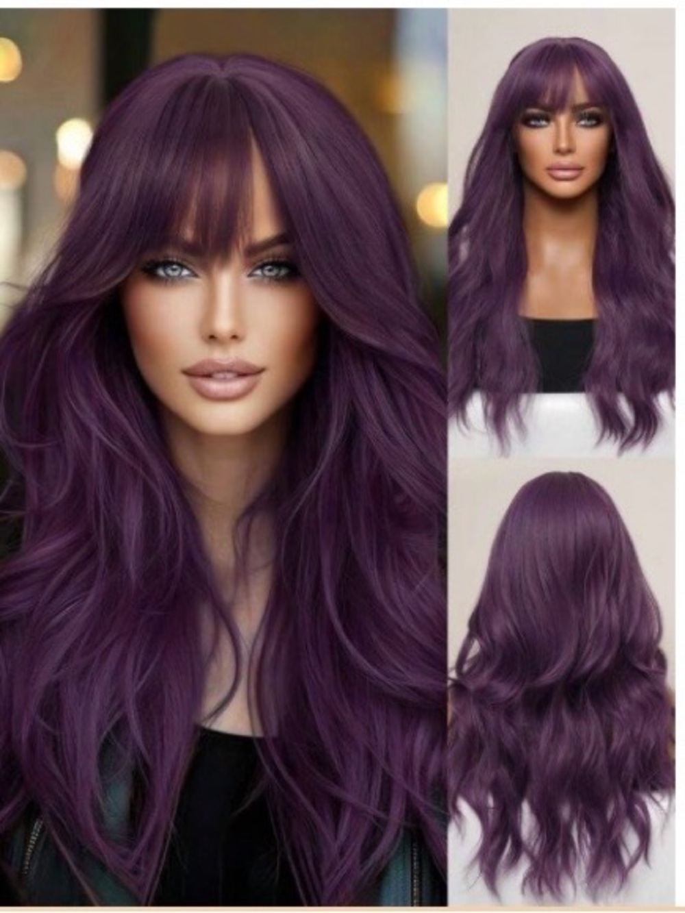 Long Wavy Purple Women's Wig with Bangs